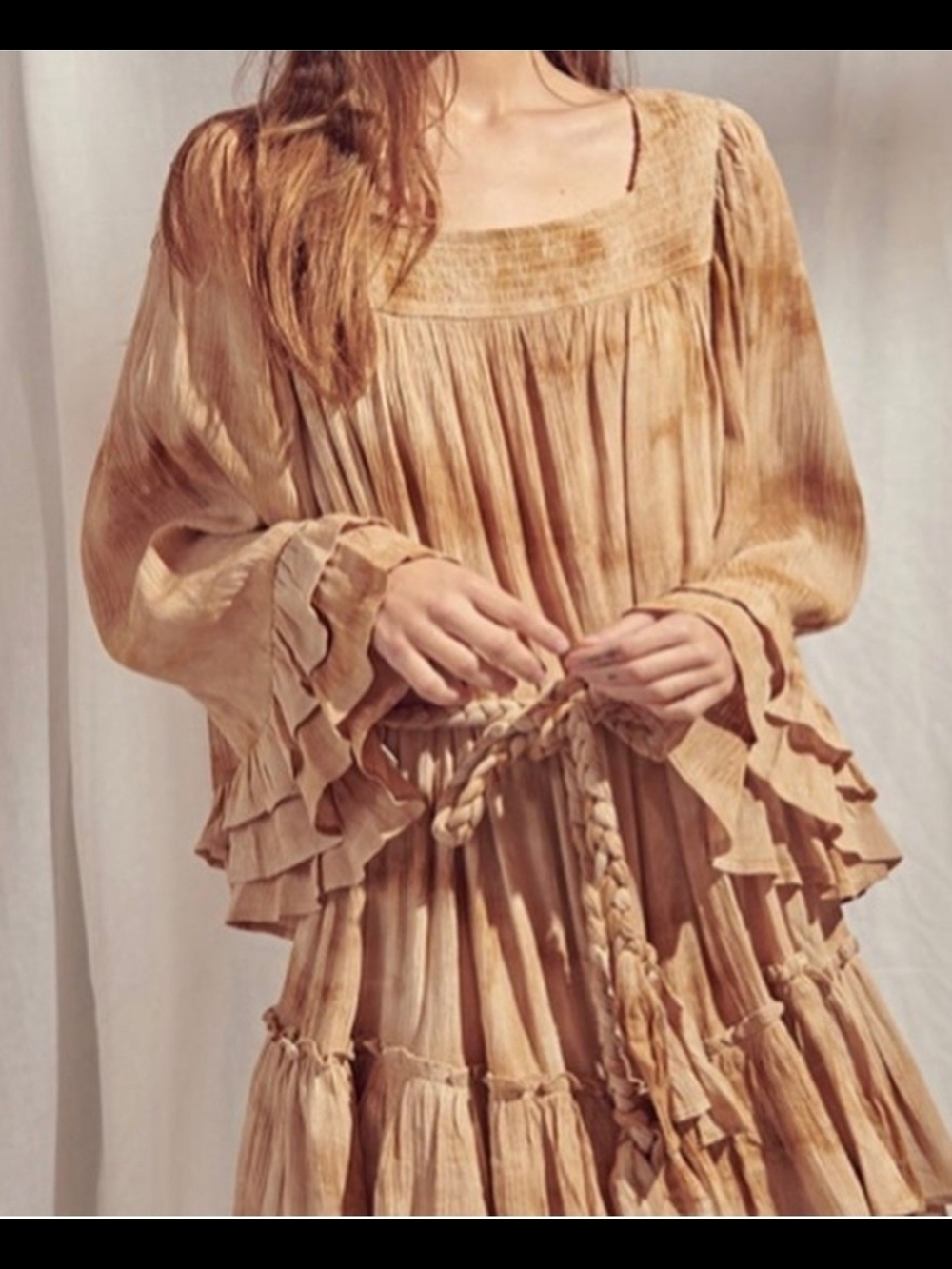 Storia Boho Mini Dress M Beige Tie Dye Ruffle Bell Sleeve Cottagecore Prairie